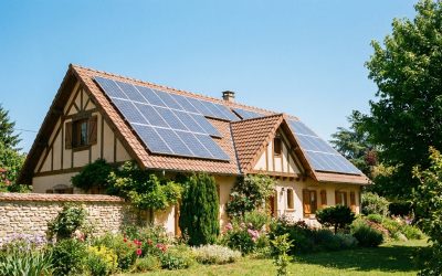 Toit de maison individuelle française avec panneaux solaires photovoltaïques, ciel dégagé, jardin