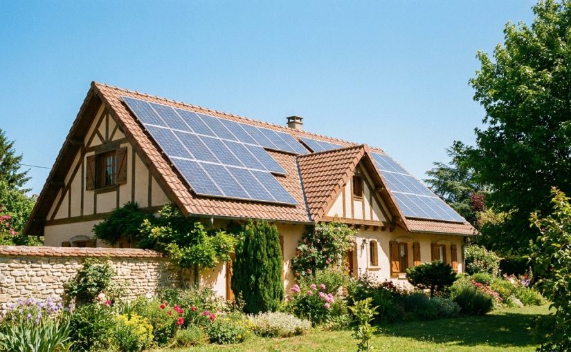 Toit de maison individuelle française avec panneaux solaires photovoltaïques, ciel dégagé, jardin