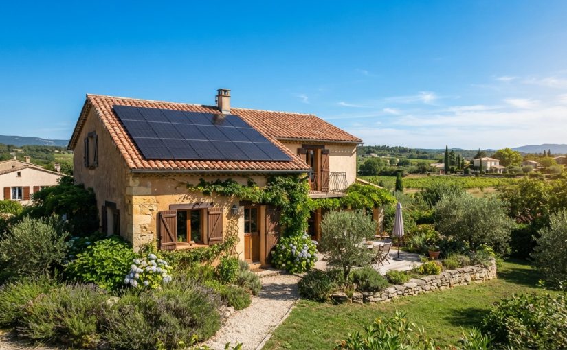 Toit de maison individuelle française avec panneaux solaires photovoltaïques, ciel dégagé, jardin